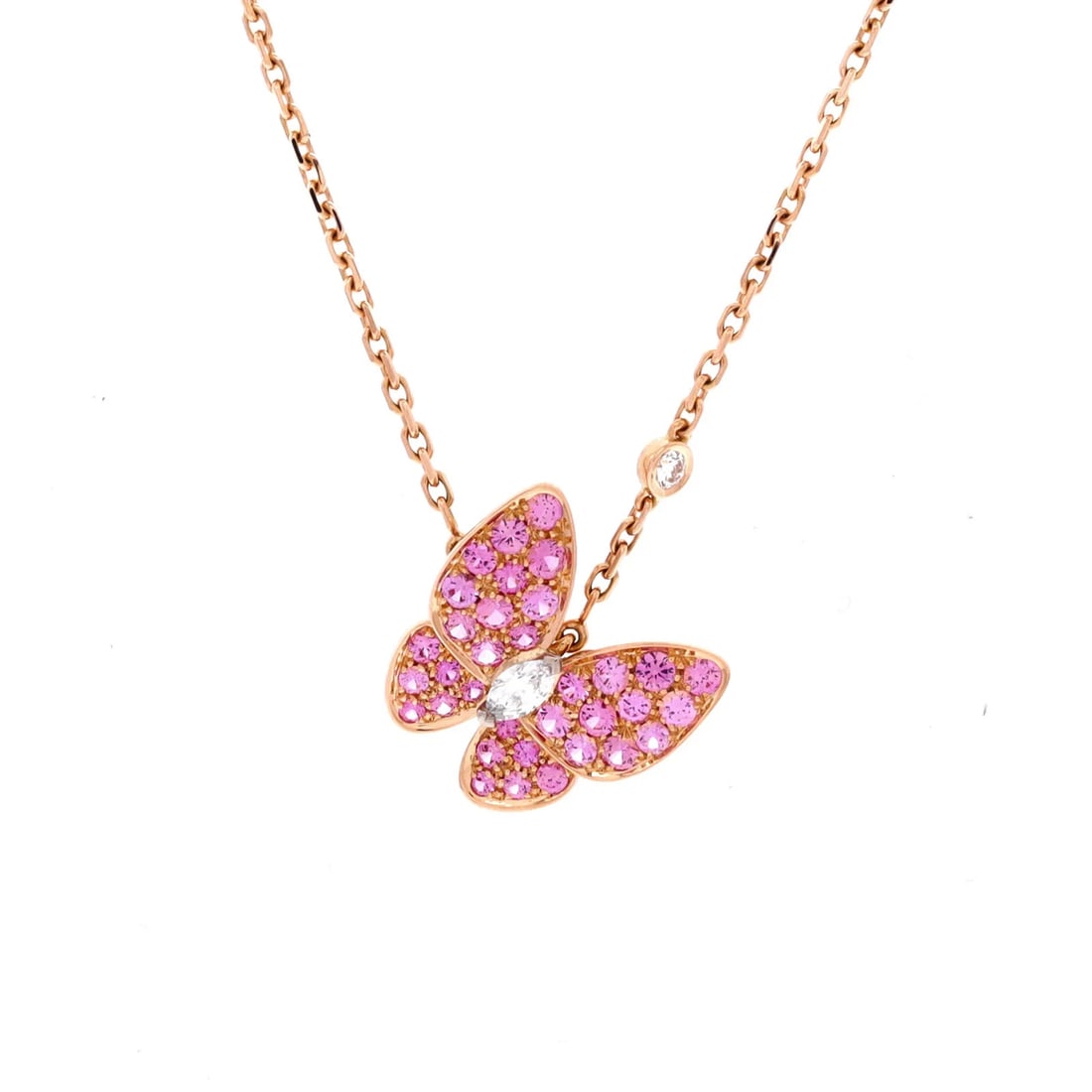Van Cleef & Arpels Two Butterfly Pendant Necklace 18K Rose Gold with Pink: Condition: Pre-owned - Good,Brand: Van Cleef & Arpels,Main Stone: Sapphire, Pink,Metal: 18K Rose Gold,Metal Purity: 18K,Style: Pendant,Type: Necklace,Color: Rose Gold,Material: 18K Rose Gold, Diamond,