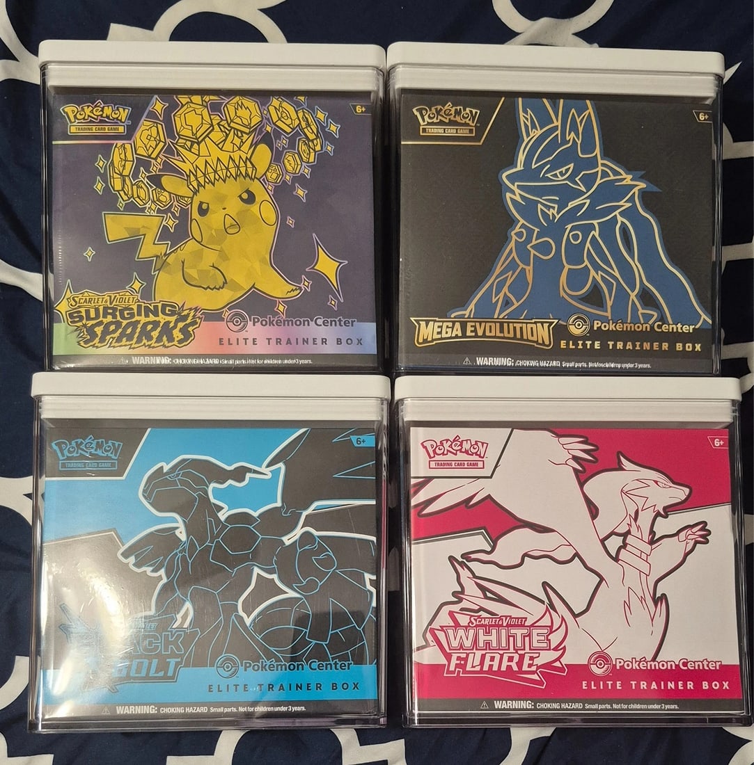 Pokemon Center ETB Lot Of 4-Black Bolt/White Flare/Mega Evolution/Surging Sparks (1 of 13)