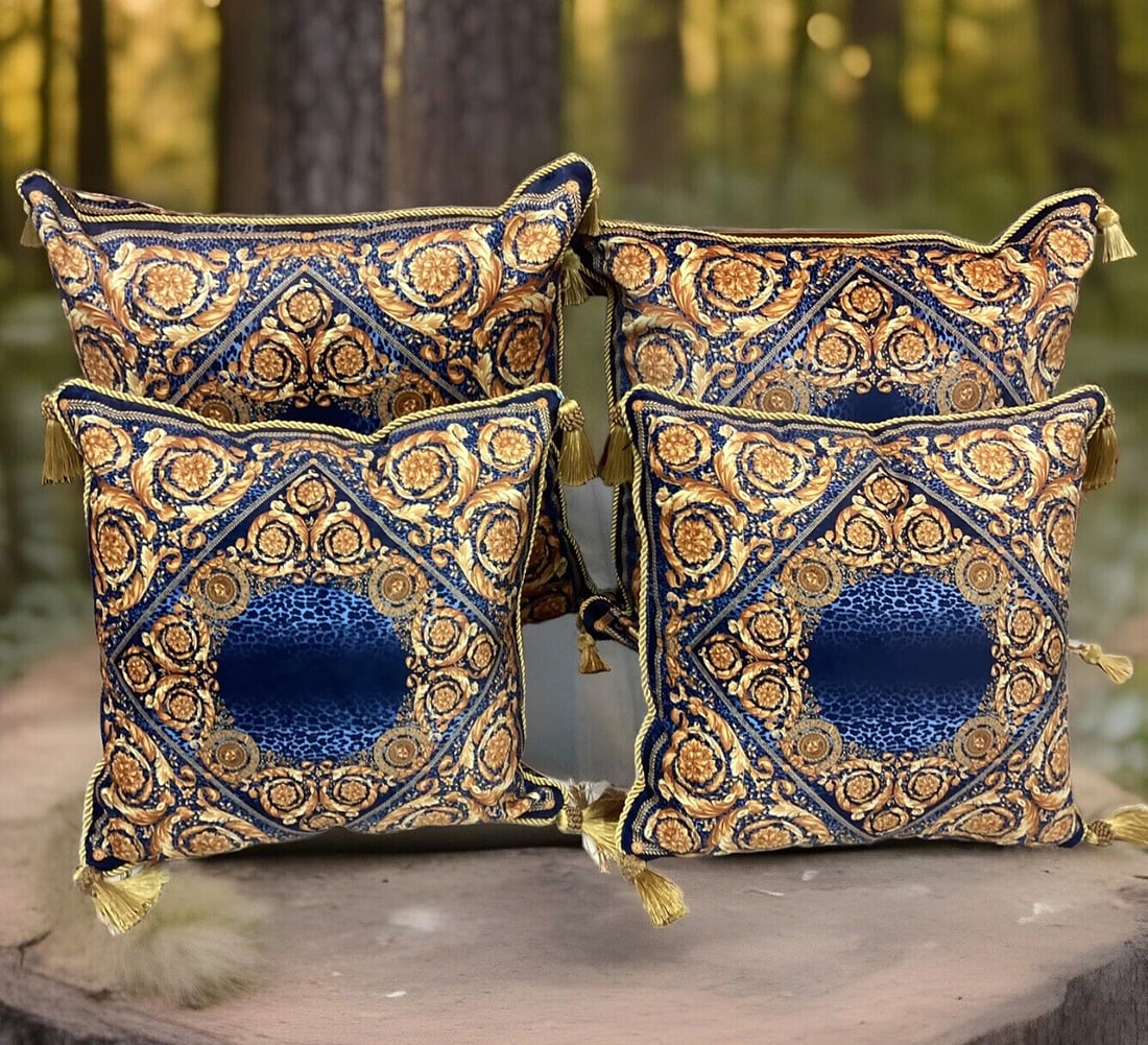 Custom Made Set Of 4 Versace Pillows Double Sided With Gold Fringe Blue Gold (1 of 5)