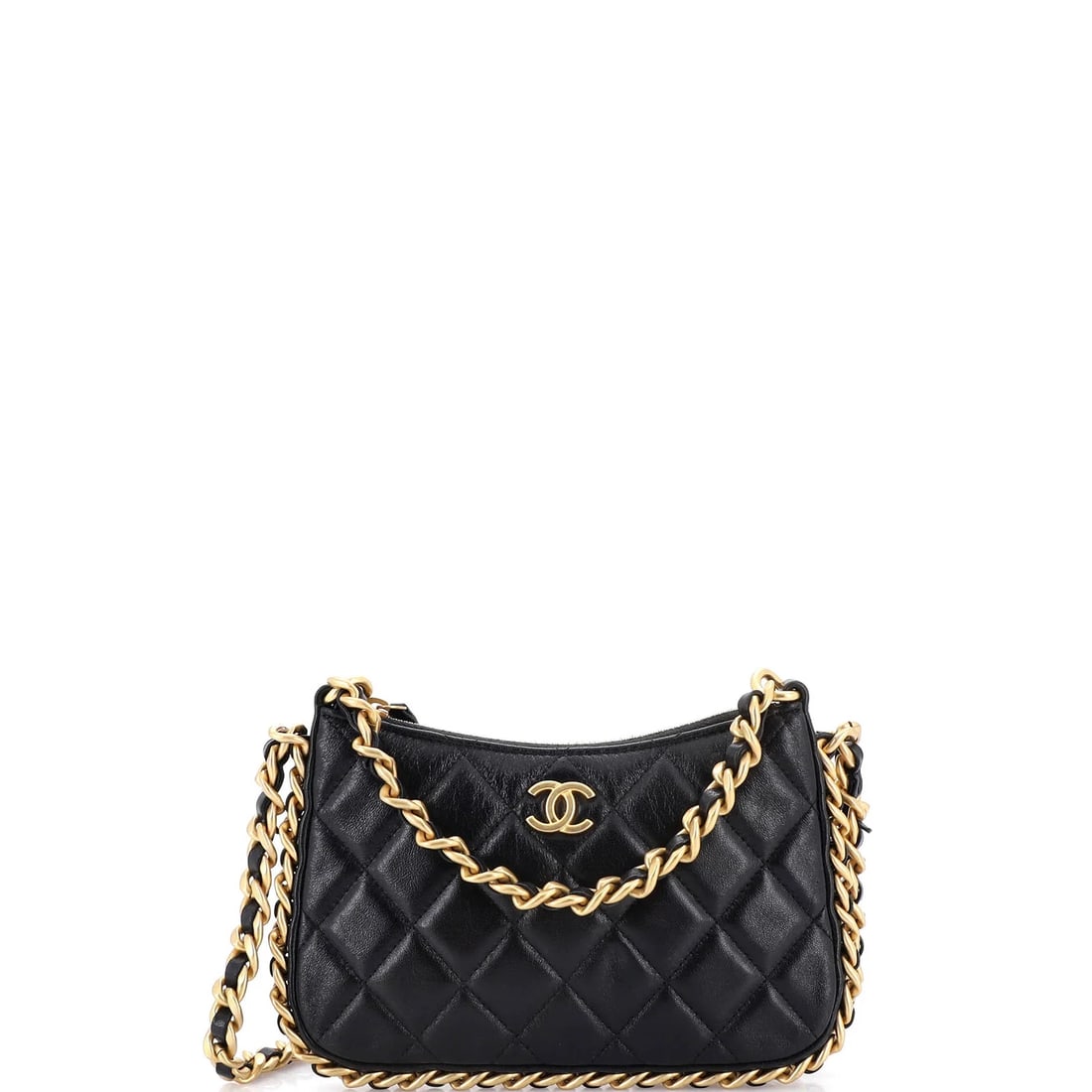 Chanel CC Chain Around Hobo Quilted Lambskin Mini: Condition: Pre-owned - Good,Brand: Chanel,Exterior Material: Leather,Style: Cross Body Bags,Exterior Color: Black,Department: Women,Size: MiniCondition: Outlet. Exterior: minor scuffs, minor creases |