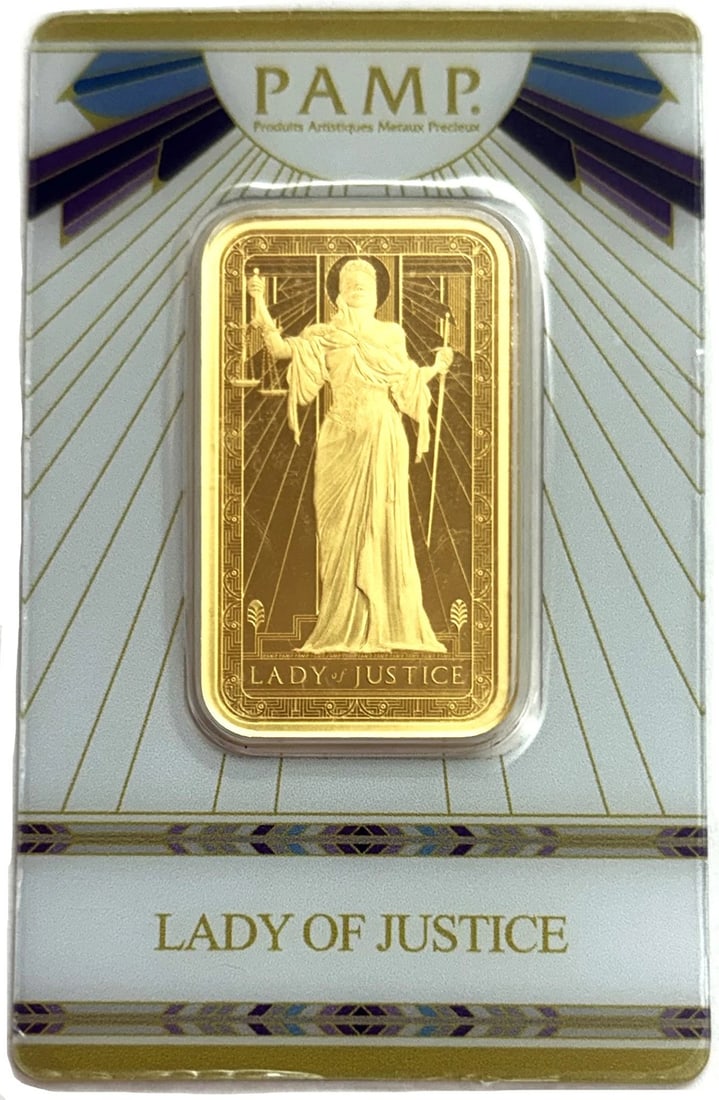 2025 PAMP SUISSE GOLD 1 OZ LADY OF JUSTICE SEALED BAR W/ ASSAY CARD: Shape: Bar,Precious Metal Content per Unit: 1 oz,Brand/Mint: Pamp Suisse,Fineness: 999.9,Country of Origin: Switzerland,Composition: Gold,Country/Region of Manufacture: Switzerland