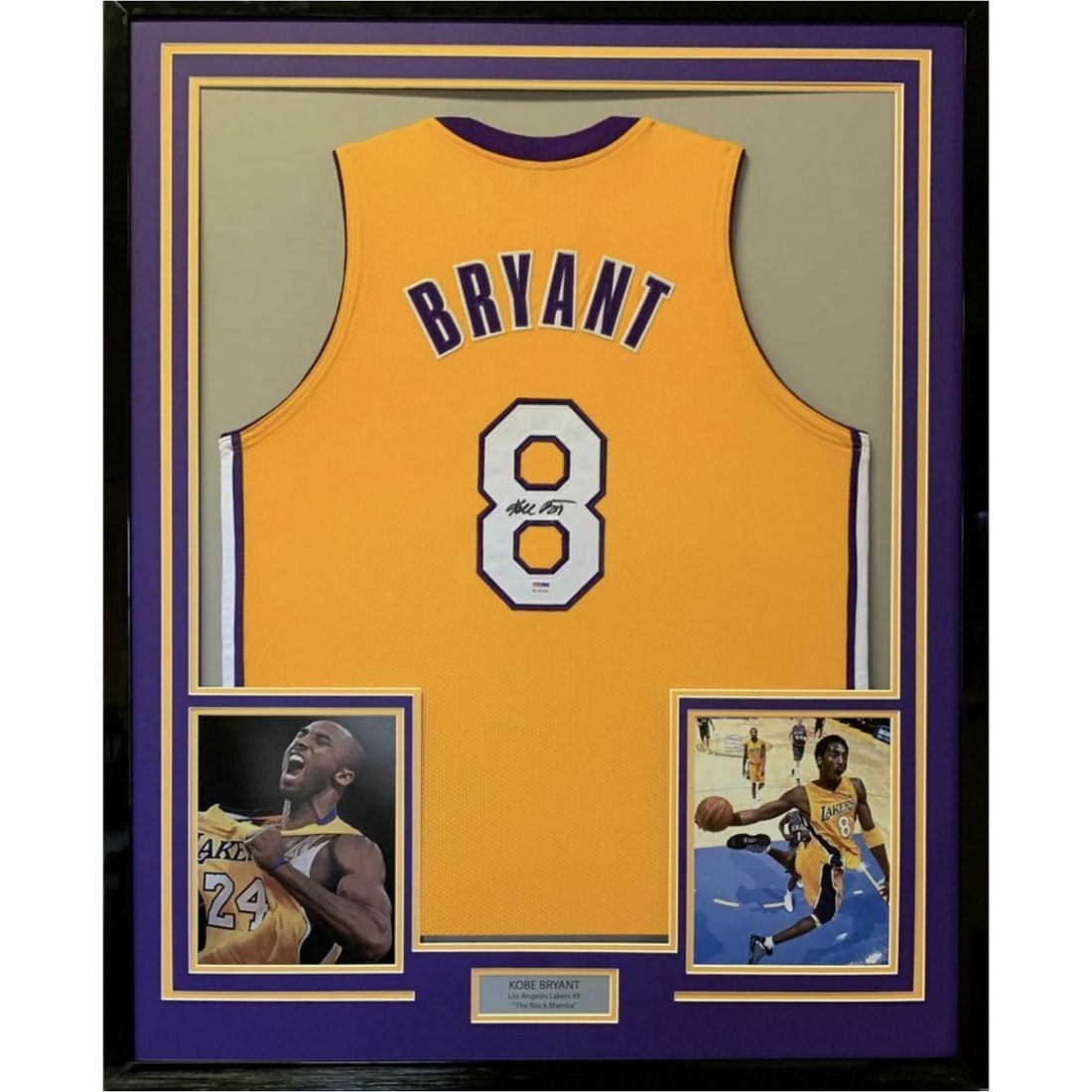 Signed KOBE BRYANT framed 33x42 Los Angeles LA Yellow Jersey PSA COA: FRAMED Autographed/Signed KOBE BRYANT 33x42 Los Angeles LA Yellow Jersey PSA COA