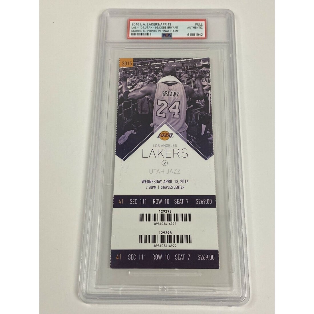 KOBE BRYANT Final Game Ticket April 13 2016 Lakers v Jazz 60 Pts PSA Authentic (1 of 2)