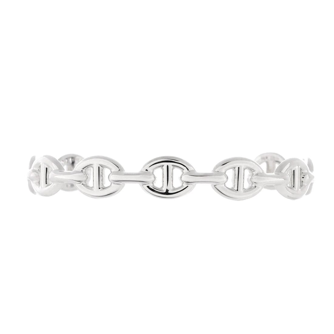 Hermes Chaine d'Ancre Enchainee Cuff Bracelet Sterling Silver Medium: Measurements: Circumference 6.75", Width 10". Condition: Pre-owned - Good,Brand: Hermes,Main Stone: Unknown,Metal: Unknown,Metal Purity: Unknown,Style: Chain,Type: Bracelet,Color: Silver,Material: Ste