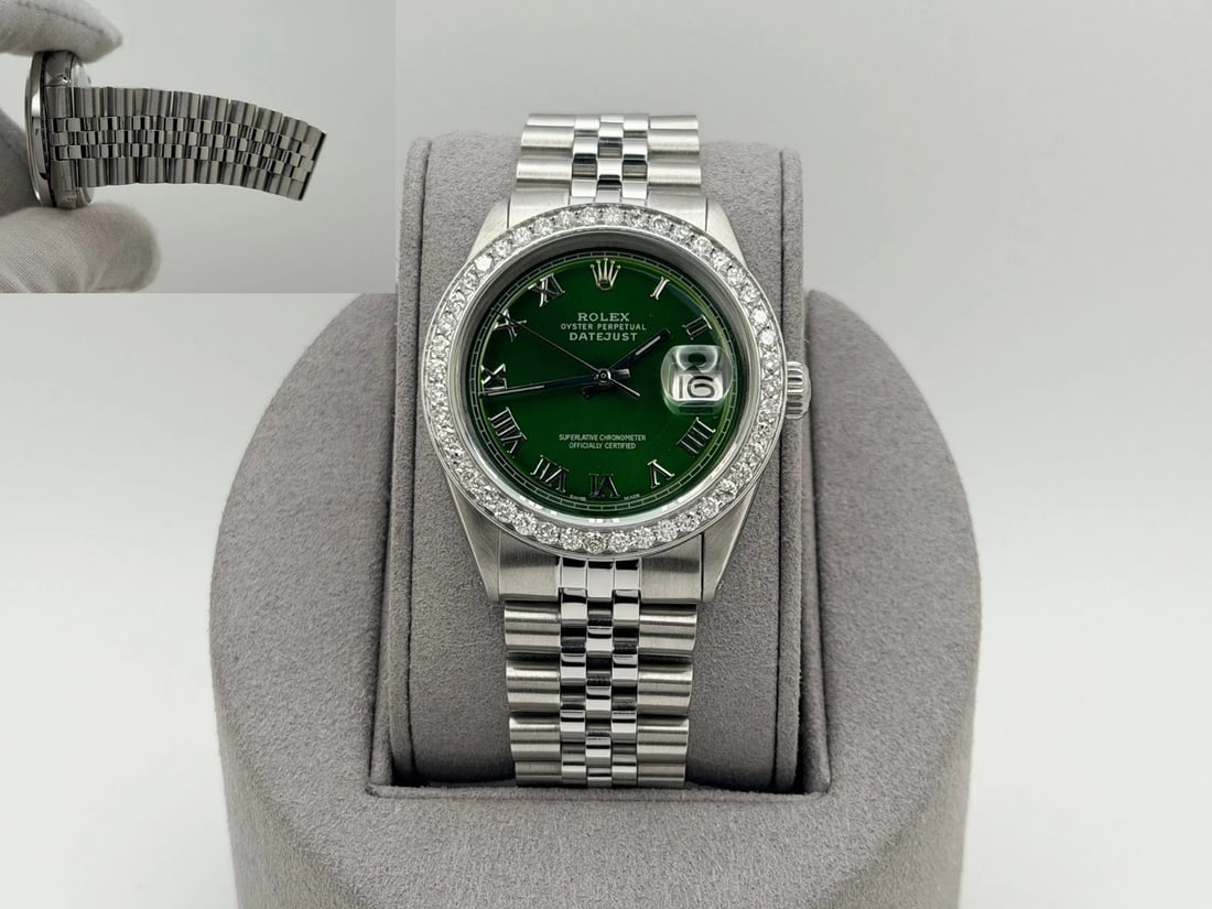 Rolex Datejust 1601 36mm Diamond Bezel Green Roman Dial Stainless Steel Jubilee: Style Number: 1601Serial: 320****Year: 1973 Model: Rolex Datejust Case Material: Stainless Steel Band: Stainless Steel Jubilee Bezel: Custom Diamond Bezel Dial: Custom Green Roman Dial Crystal: