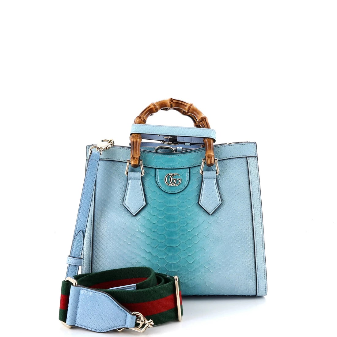 Gucci Diana NM Bamboo Handle Tote Python Small: Accessories: Handle Shapers, Extra Strap, With StrapMeasurements: Height 9", Width 10", Depth 4". Condition: Pre-owned - Excellent,Brand: Gucci,Exterior Material: Bamboo, Python,Style: Totes,Exterior
