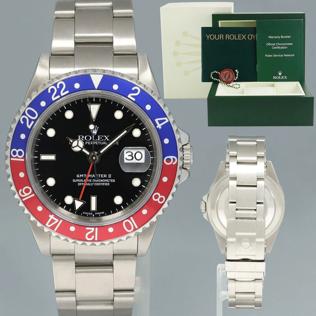 MINT 1999 Rolex GMT-Master II 2 Pepsi Blue Red Steel 16710 Watch Black Watch Box (1 of 7)
