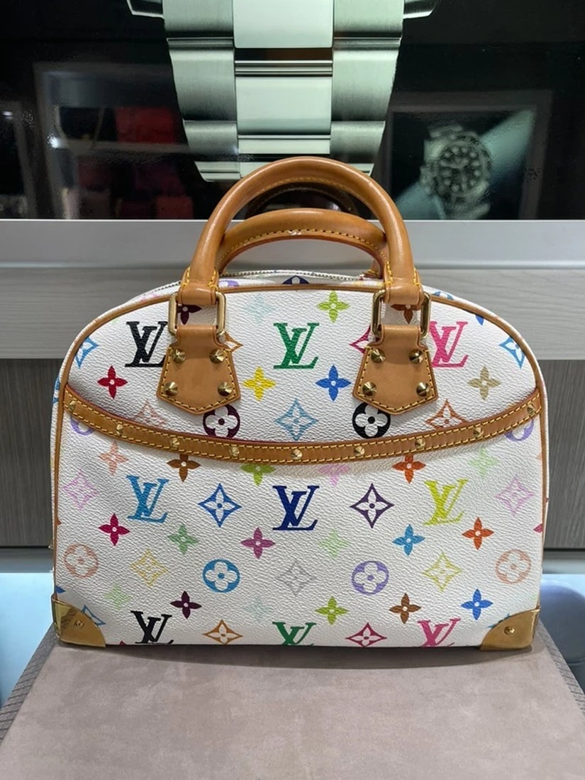 Louis Vuitton Multicolor Trouville Double Top Handles: Condition: Pre-owned - Good,Country of Origin: France,Bag Width: 12 in,Pattern: Murakami,Closure: Zip,Occasion: Casual,Handle/Strap Color: Brown,Size: Medium,Handle Style: Top Handle,Lining Material: