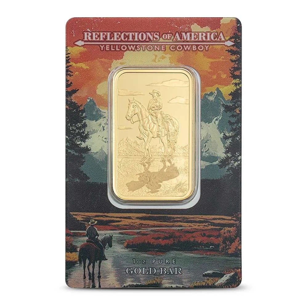 1 oz PAMP Suisse Yellowstone Cowboy Gold Bar (New w/Assay): Country of Origin: Switzerland,Certification: Assay,Shape: Bar,Brand/Mint: PAMP Suisse,Precious Metal Content per Unit: 1.00000,Fineness: 0.9999,Composition: Gold