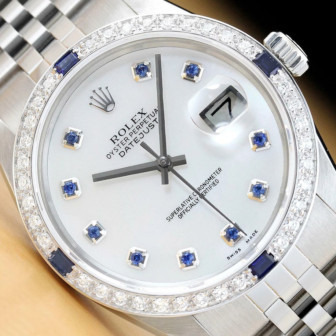 MENS ROLEX DATEJUST 16014 MOTHER OF PEARL SAPPHIRE 18K WHITE GOLD SS WATCH (1 of 9)