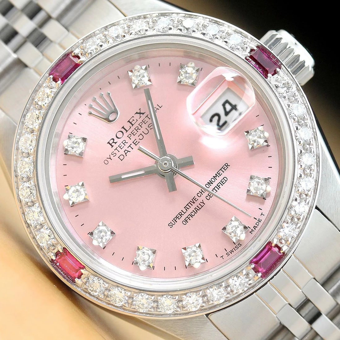 LADIES ROLEX DATEJUST 69174 FACTORY DIAMOND 18K WHITE GOLD RUBY PINK DIAL WATCH (1 of 7)