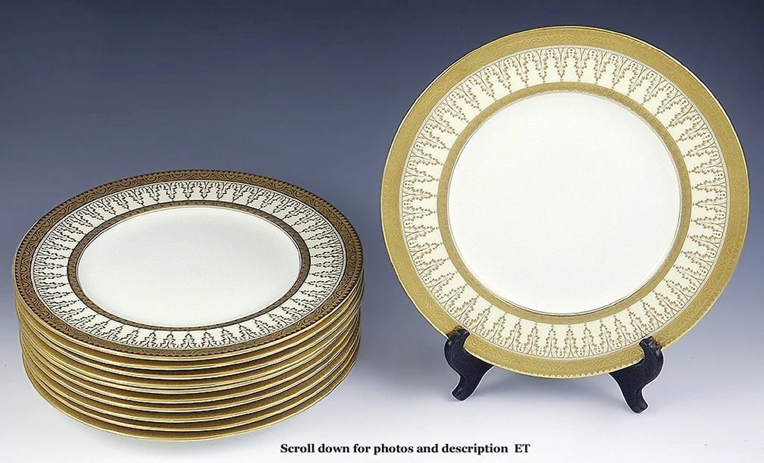 Superb Set 11 1900-1930 Cauldon Tiffany Co Gilded 10 1/2" Dinner Plates (1 of 6)