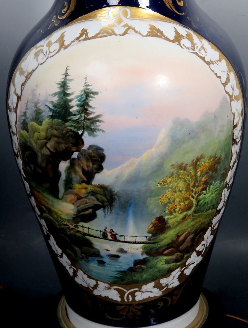 Pair Antique c1850 Paris Porcelain Painted Vases Custom Bases Converted Lamps (1 of 12)