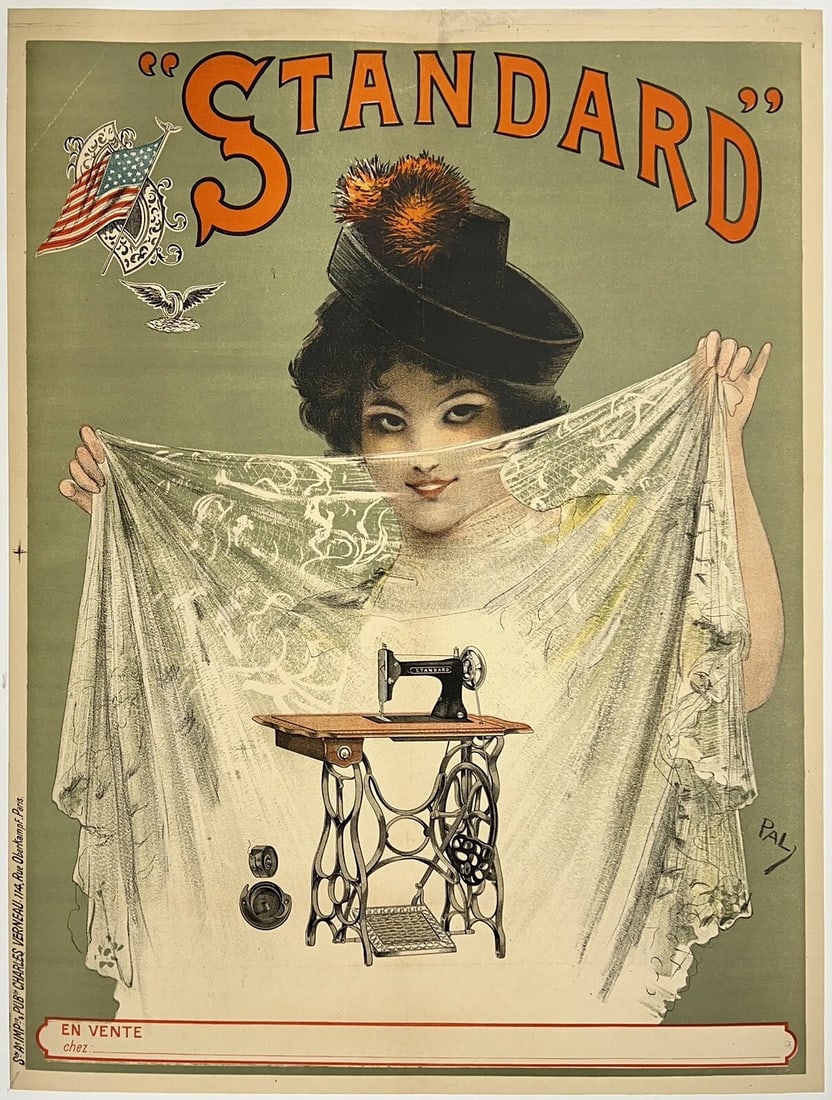 Original Vintage Poster STANDARD Sewing Art Nouveau Affiche On Linen By PAL 1900: Dimensions: 23.75 x 31.4 in. / 60.3 x 79.8 cm.; Circa 1900Original Vintage "STANDARD" sewing machine advertising poster, plate signed by its artist, PAL (JEAN DE PALEOLOGUE), and printed by CHARLES VE