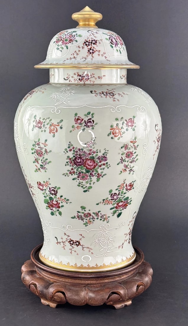 Impressive Early 1900s French Samson Pink White Lidded Urn Vase Large Size (1 of 12)