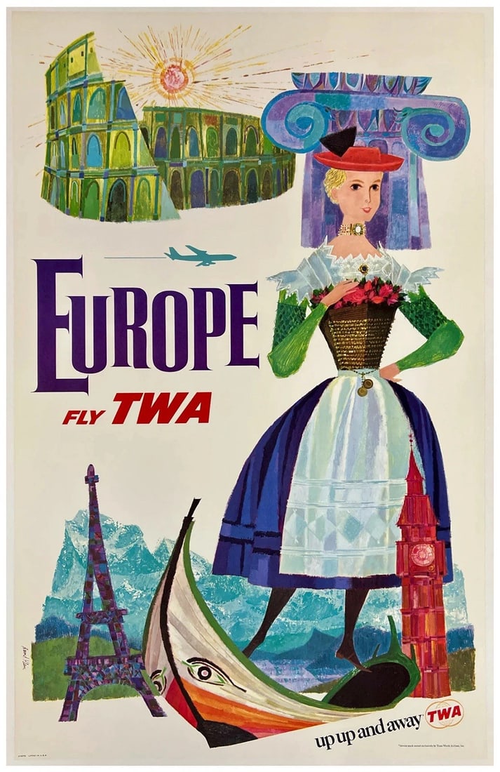 Original Vintage Poster EUROPE FLY TWA UP UP & AWAY Airline Travel Tourism LINEN (1 of 5)