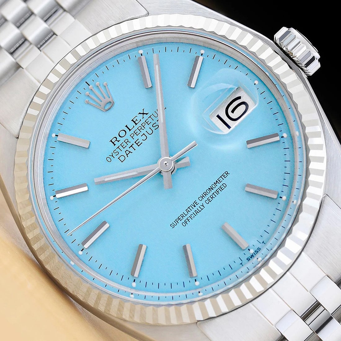 ROLEX MENS DATEJUST 1601 AQUA BLUE DIAL 18K WHITE GOLD STEEL JUBILEE WATCH (1 of 7)