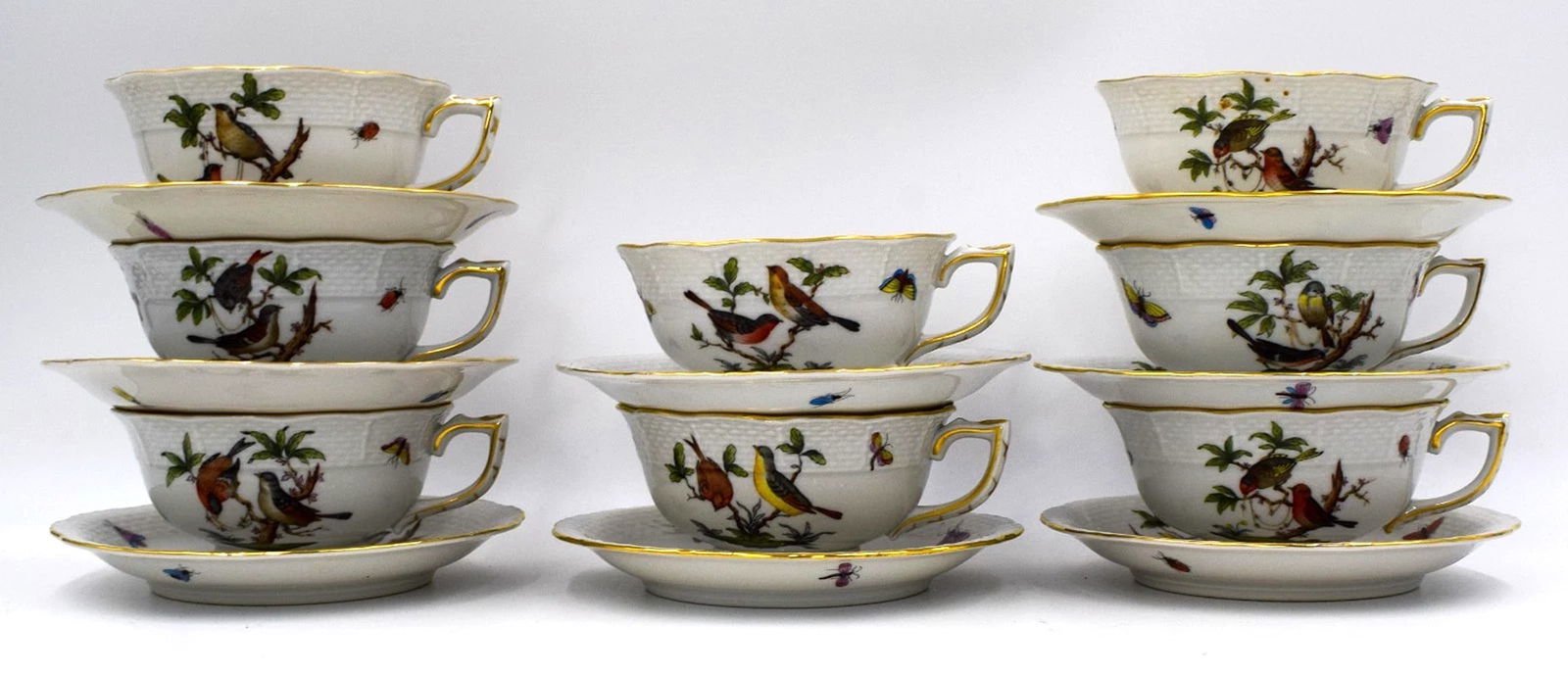 Antique Set of 8 Herend Rothschild Bird Cup & Saucers, Circa 1920, Hand Painted (1 of 12)