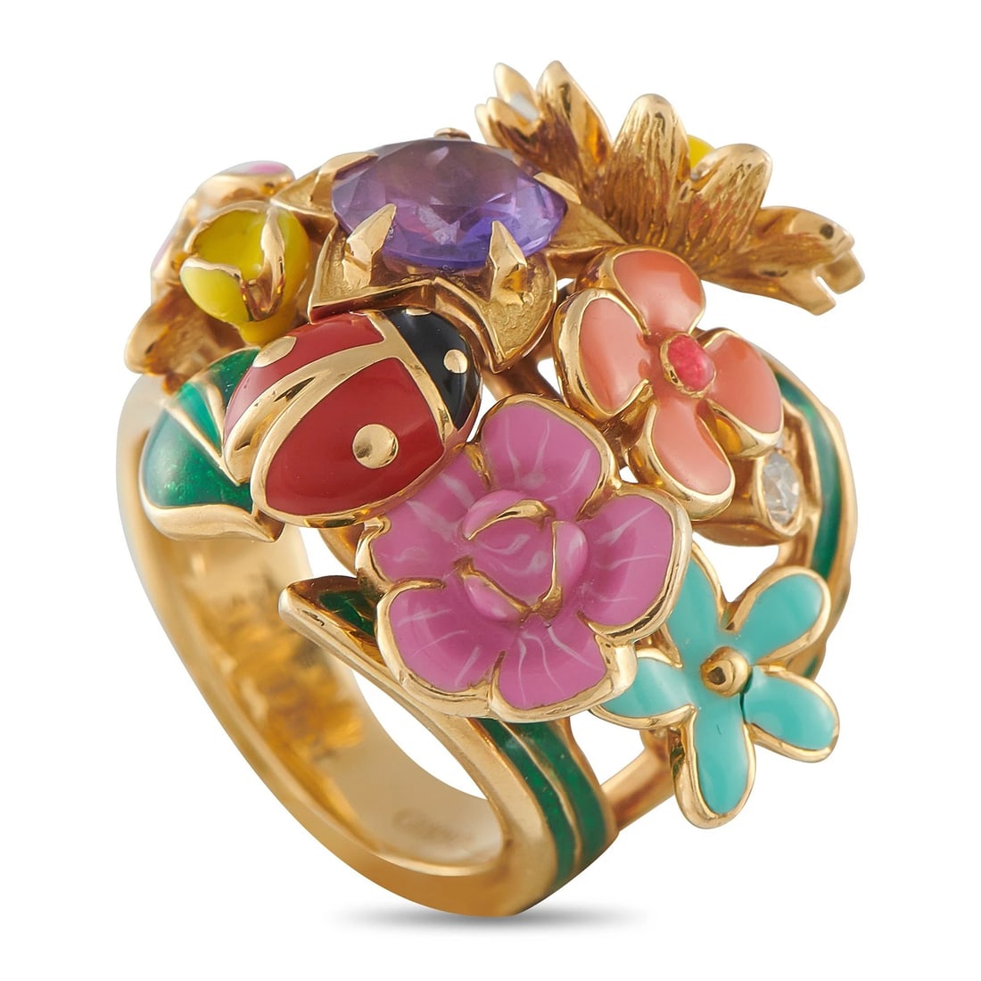 Diorette 18K Yellow Gold Diamond, Amethyst, and Enamel Ring DI15-011326: Condition: Pre-owned - Good: This item has been gently used but is in good condition. It might have a few signs of wear, like light scratches or tarnishing. All imperfections should be shown and descr