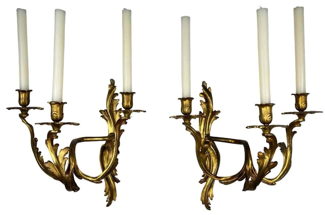 Large Pair Antique French Louis XV Rococo Gilt Bronze Ormolu Sconces Appliques (1 of 20)