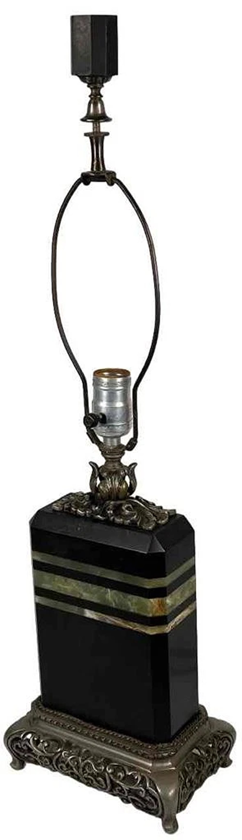 Antique French Art Deco Orientalist Black Green Onyx Stone Silvered Bronze Lamp (1 of 18)