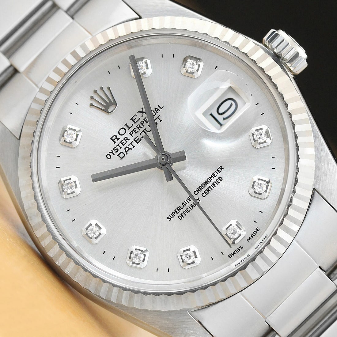 MENS ROLEX DATEJUST 16014 18K WHITE GOLD STAINLESS STEEL SILVER DIAMOND WATCH (1 of 8)