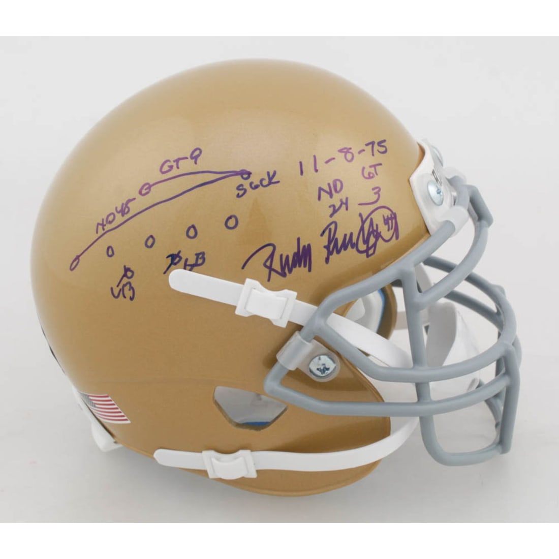 Rudy Ruettiger Signed Notre Dame Fighting Irish Mini Helmet with Multiple Inscriptions & Hand-Drawn: Rudy Ruettiger Signed Notre Dame Fighting Irish Mini Helmet with Multiple Inscriptions & Hand-Drawn Play (Ruettiger Hologram)