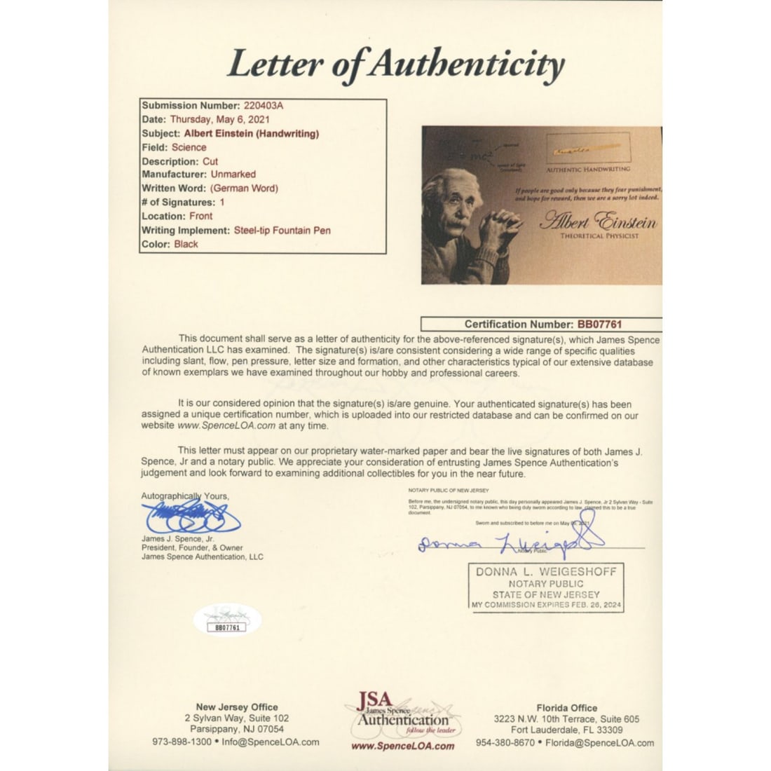 Albert Einstein Hand-Written Word (JSA LOA) - 2
