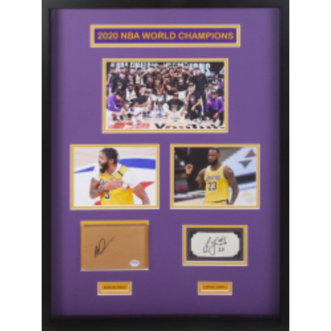 LEBRON JAMES AND ANTHONY DAVIS SIGNED LOS ANGELES LAKERS 2020 NBA WORLD CHAMPIONS DISPLAY (PSA): LEBRON JAMES AND ANTHONY DAVIS SIGNED LOS ANGELES LAKERS 2020 NBA WORLD CHAMPIONS DISPLAY (PSA) (JSA)