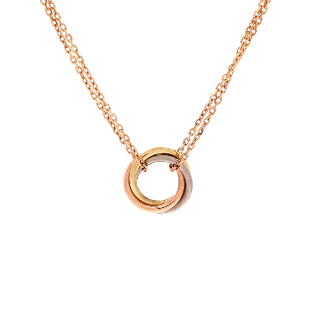 Cartier Trinity Choker Necklace 18K Tricolor Gold: Measurements: Length: 14.0 - 15.75 ", Pendant Length: 9.60 mm, Pendant Width: 9.60 mm. Condition: Pre-owned - Good,Brand: Cartier,Main Stone: Unknown,Metal: 18K Tri Colored Gold,Metal Purity: 18K,Styl