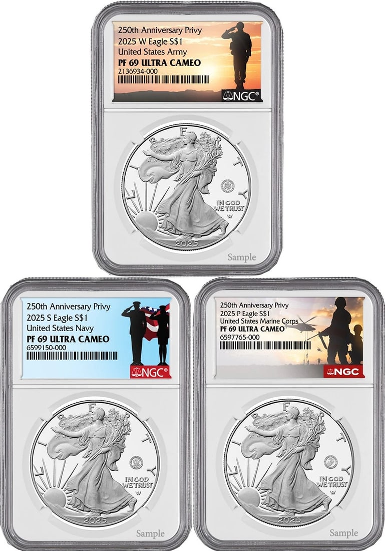 2025 250th Anniversary Army/Navy/Marine Privy Silver Eagle 3-Coin Set NGC PF69: Materials sourced from: United States,Country of Origin: United States,Certification: NGC,Circulated/Uncirculated: Uncirculated,Grade: PR 70,Year: 2025,Denomination: $1.00,Brand/Mint: U.S. Mint,Compos