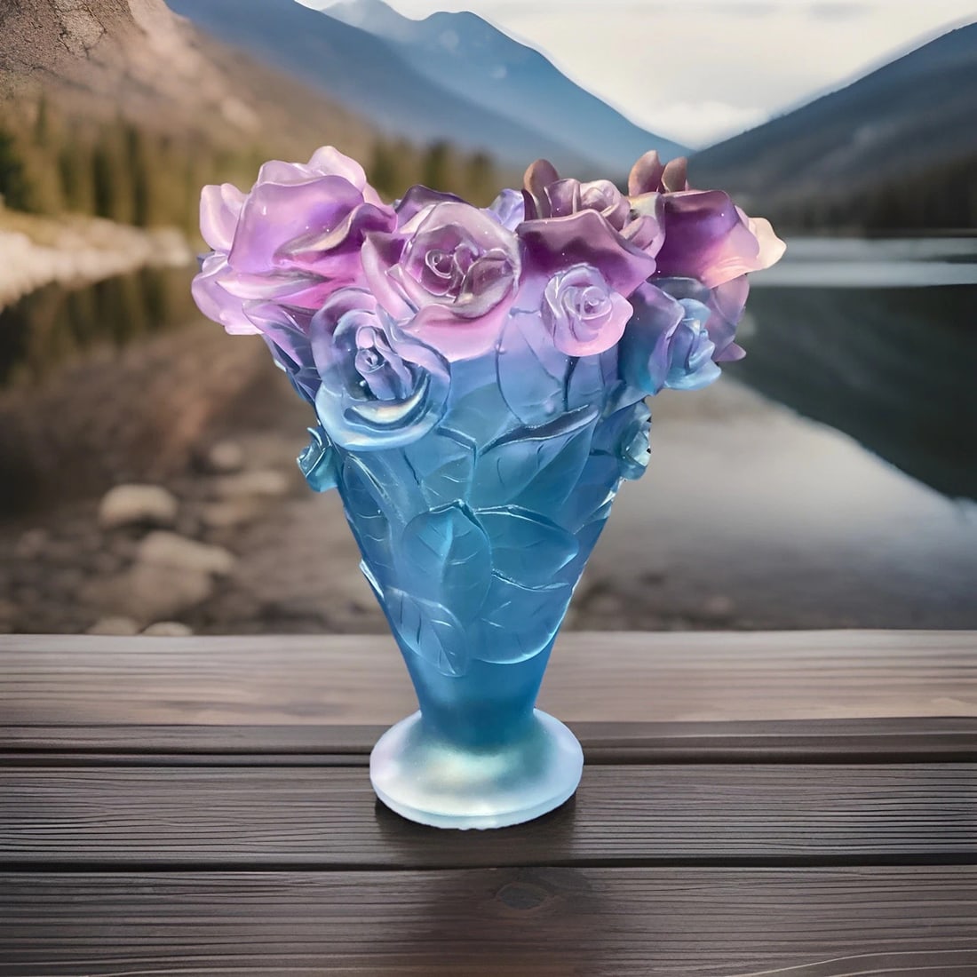 Xl Nancy Daum Style Crystal Heavy Art Glass Rose Vase H9?? W9?? Blue Multi Unique (1 of 8)