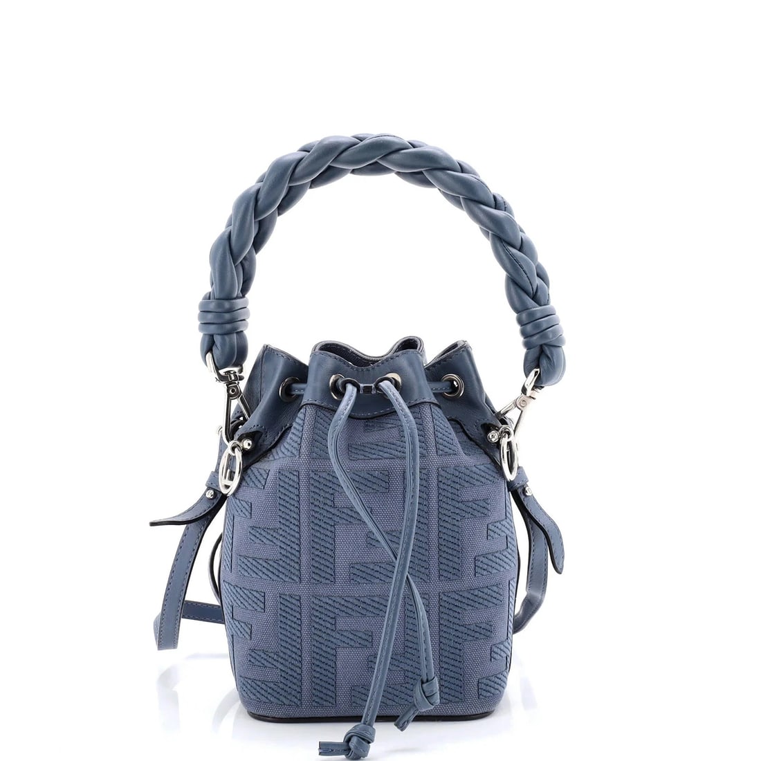 Fendi Woven Handle Mon Tresor Bucket Bag Zucca Embroidered Canvas Mini: Condition: Pre-owned - Excellent,Brand: Fendi,Exterior Material: Leather, Canvas Plain,Style: Bucket,Exterior Color: Blue,Department: Women,Size: Mini,Accessories: Dust Bag, Extra Strap, With