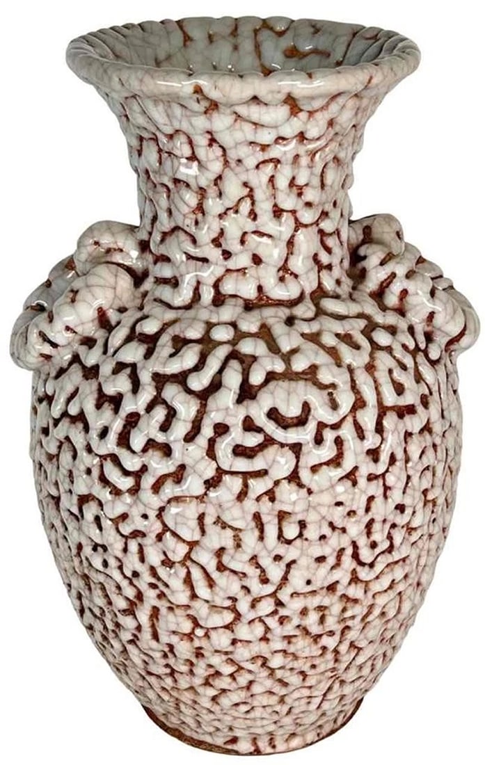 BIG 15" Japan Meiji Taisho Vermiculated Crawling Shino Brain Glaze Ceramic Vase: Age: 1900-1940,Color: White,Original/Reproduction: Antique Original,Primary Material: Porcelain & Pottery,Region of Origin: Japan
