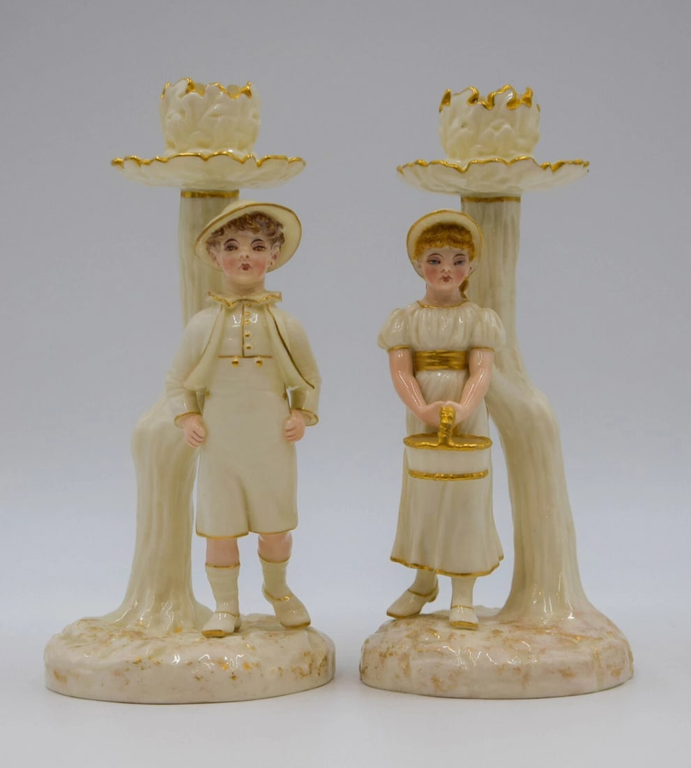 Rare Pair of Royal Worcester Boy & Girl Candlesticks (1 of 9)