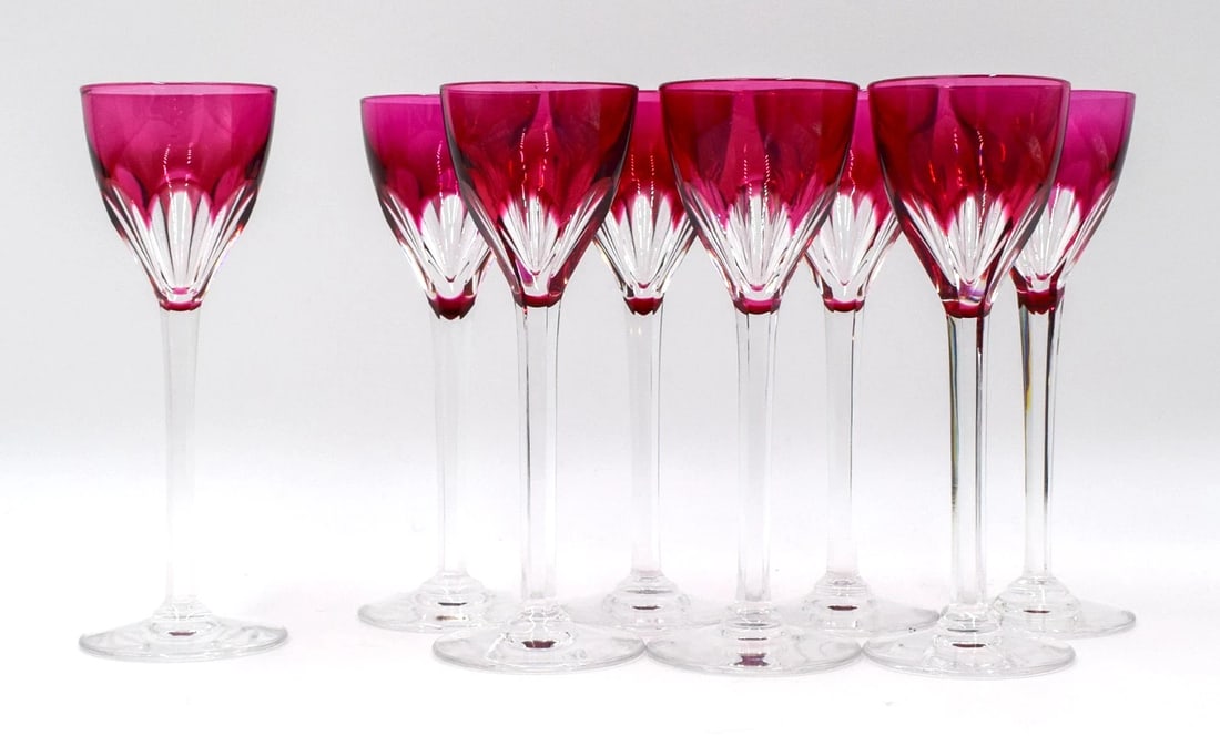 Set of 8 Val Saint Lambert Cranberry Cut to Clear Cordials - Gevaert (1 of 6)
