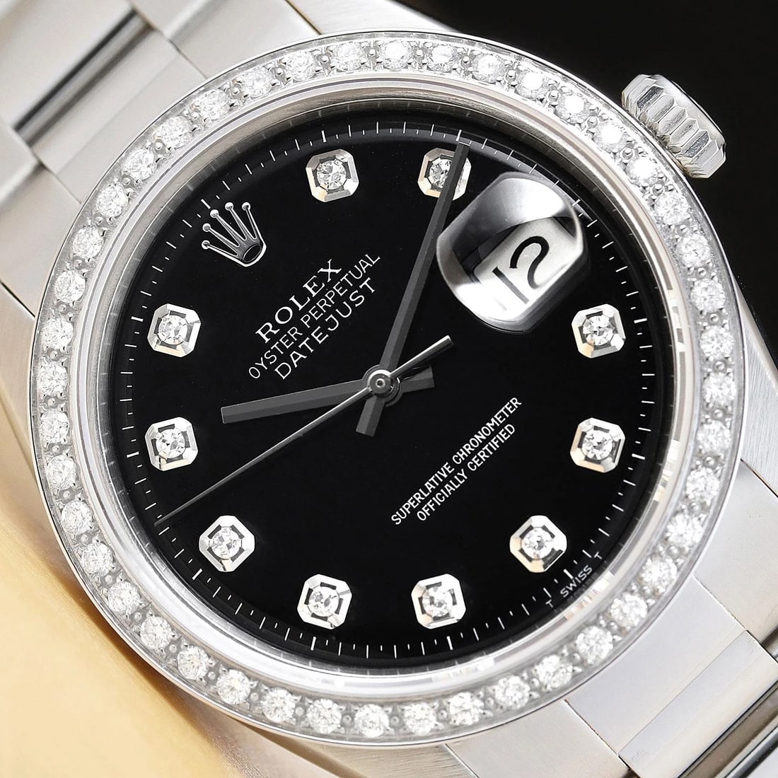 ROLEX MENS DATEJUST BLACK DIAL 18K WHITE GOLD STEEL DIAMOND WATCH w/ OYSTER BAND (1 of 9)