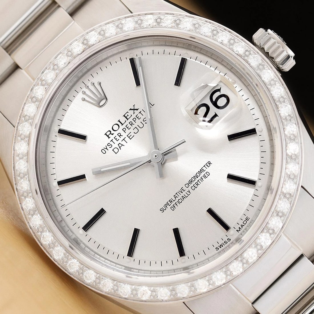 ROLEX DATEJUST 1601 18K WHITE GOLD STEEL SILVER DIAL DIAMOND OYSTER BAND WATCH (1 of 9)