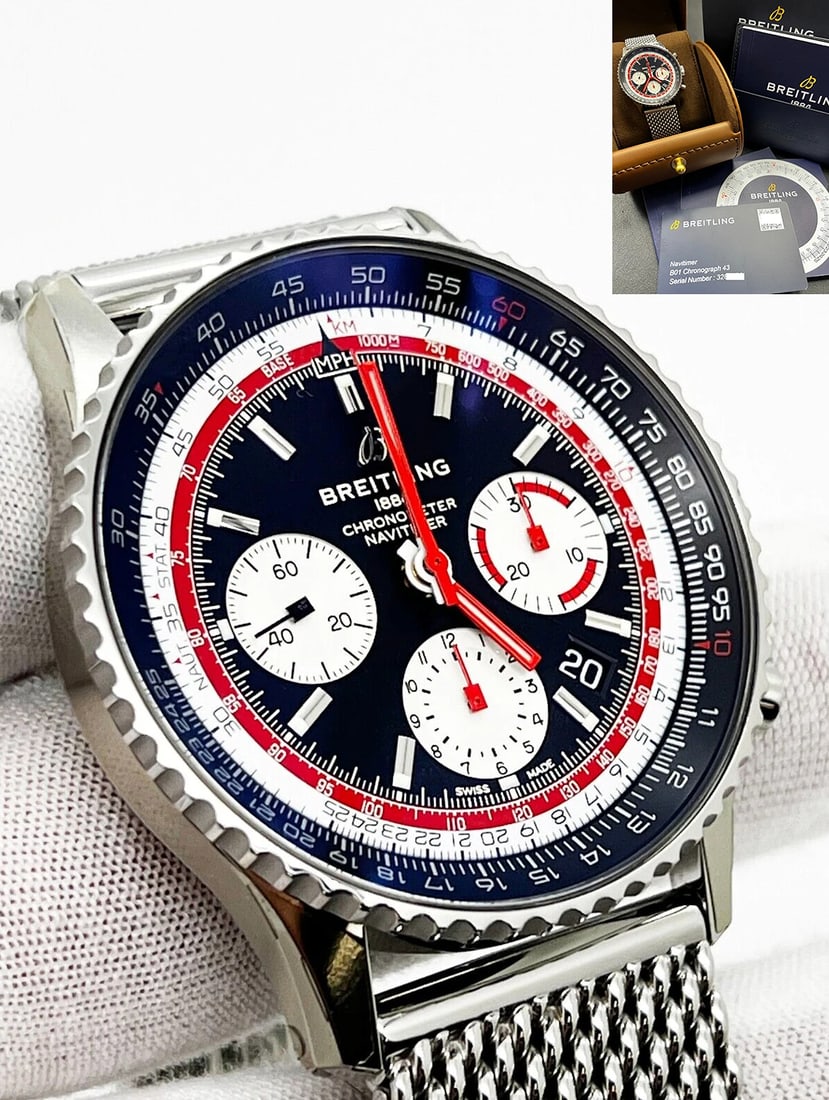 Breilting Navitimer AB0121 Stainless Steel Box Paper Partial Stickers: Style Number: AB0121Year: 2019 Model: Navitimer B01 Case Material: Stainless Steel Band: Stainless Steel Bezel: Stainless Steel Dial: Black Face: Sapphire Crystal Case Size: 43mm Includes: -Breitling