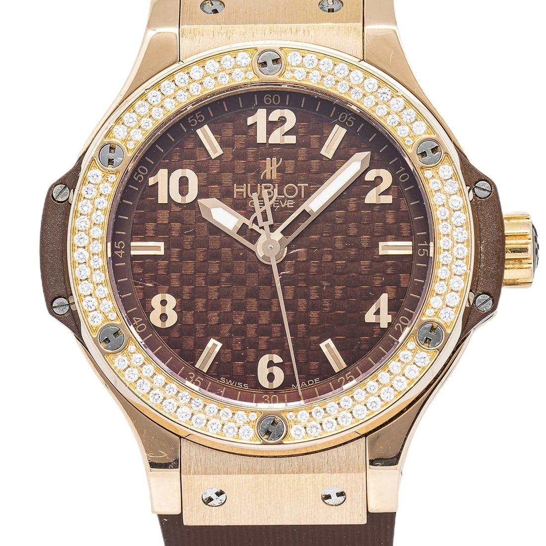 Hublot Big Bang Cappuccino 361.PC.3380.RC.1104 Quartz 18k Rose Chocolate 38mm: Condition: Pre-owned - Good: This item has been gently used but is in good condition. It might have a few signs of wear, like light scratches or tarnishing. ,CROWN: Pull Out,Bezel Color: Diamond with