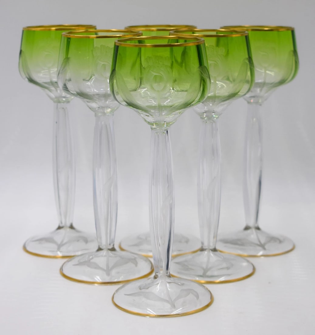 6 Moser Green Cut to Clear Hand Blown & Engraved Tulip Hock Wines (1 of 11)