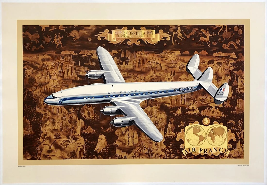Original Vintage Poster AIR FRANCE SUPER CONSTELLATION Airline Travel Tourism OL (1 of 5)