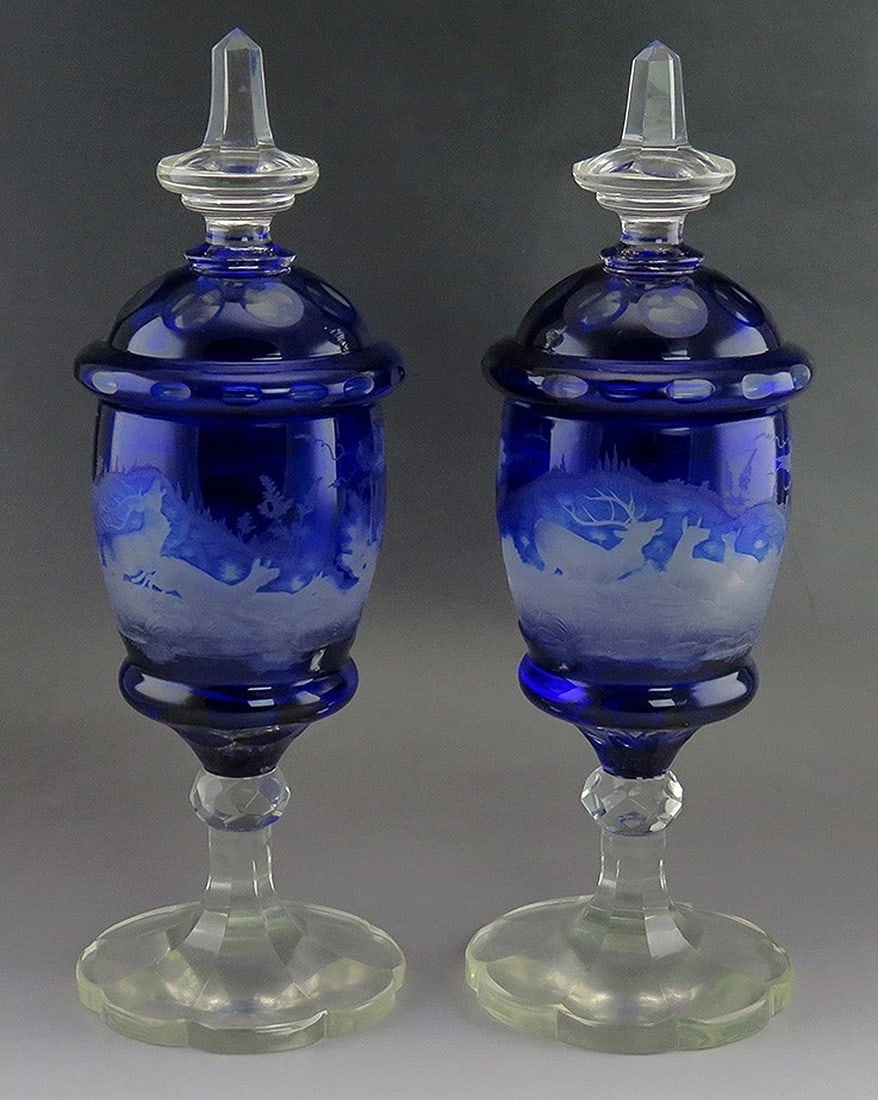 Rare Antique 1860s Bohemian Cut Glass Forest Wildlife Theme Covered Urns (1 of 6)