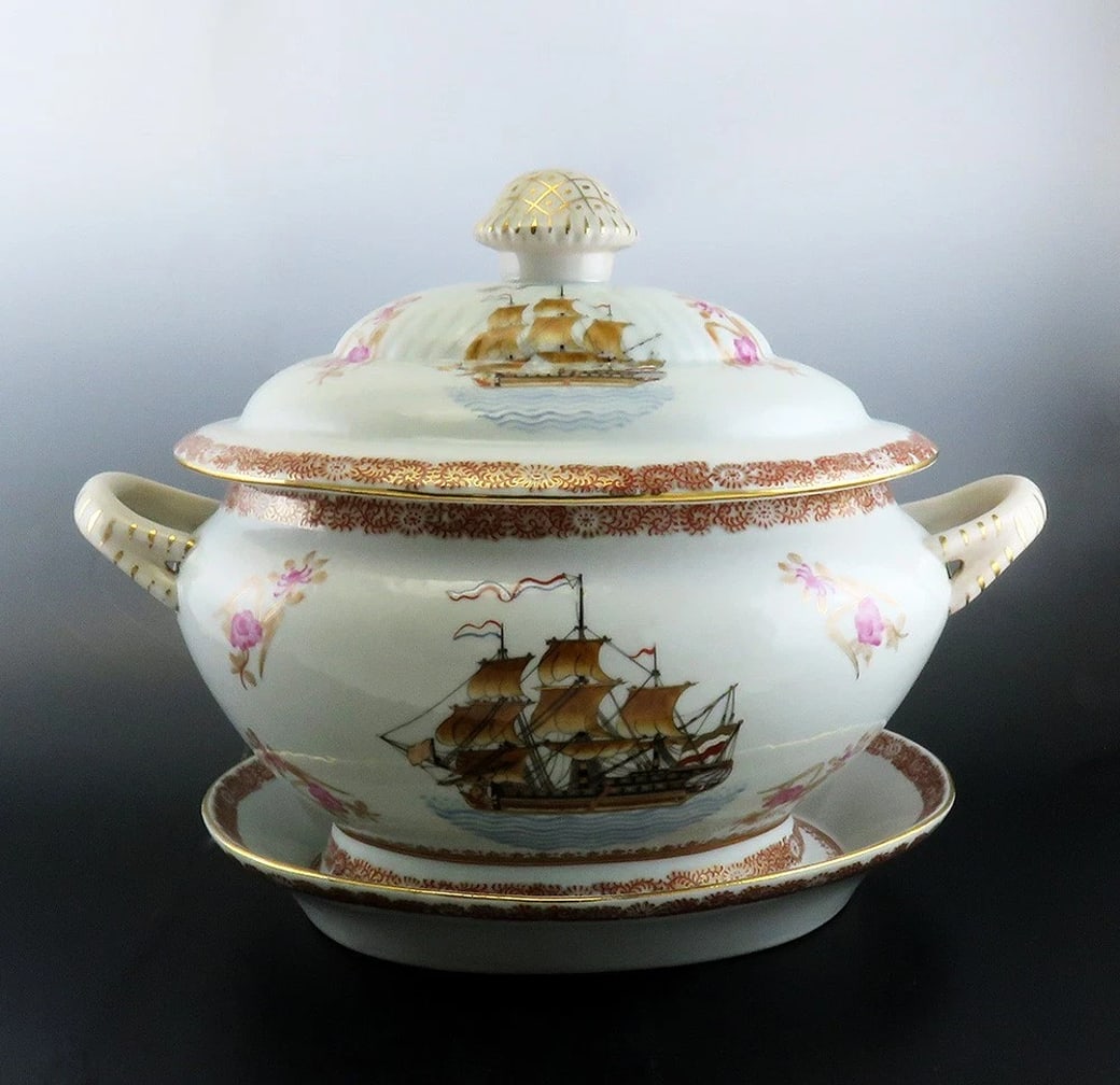 Huge Antique French Porcelain Covered Serving Dish w Ship Galleon Scene Decor (1 of 10)