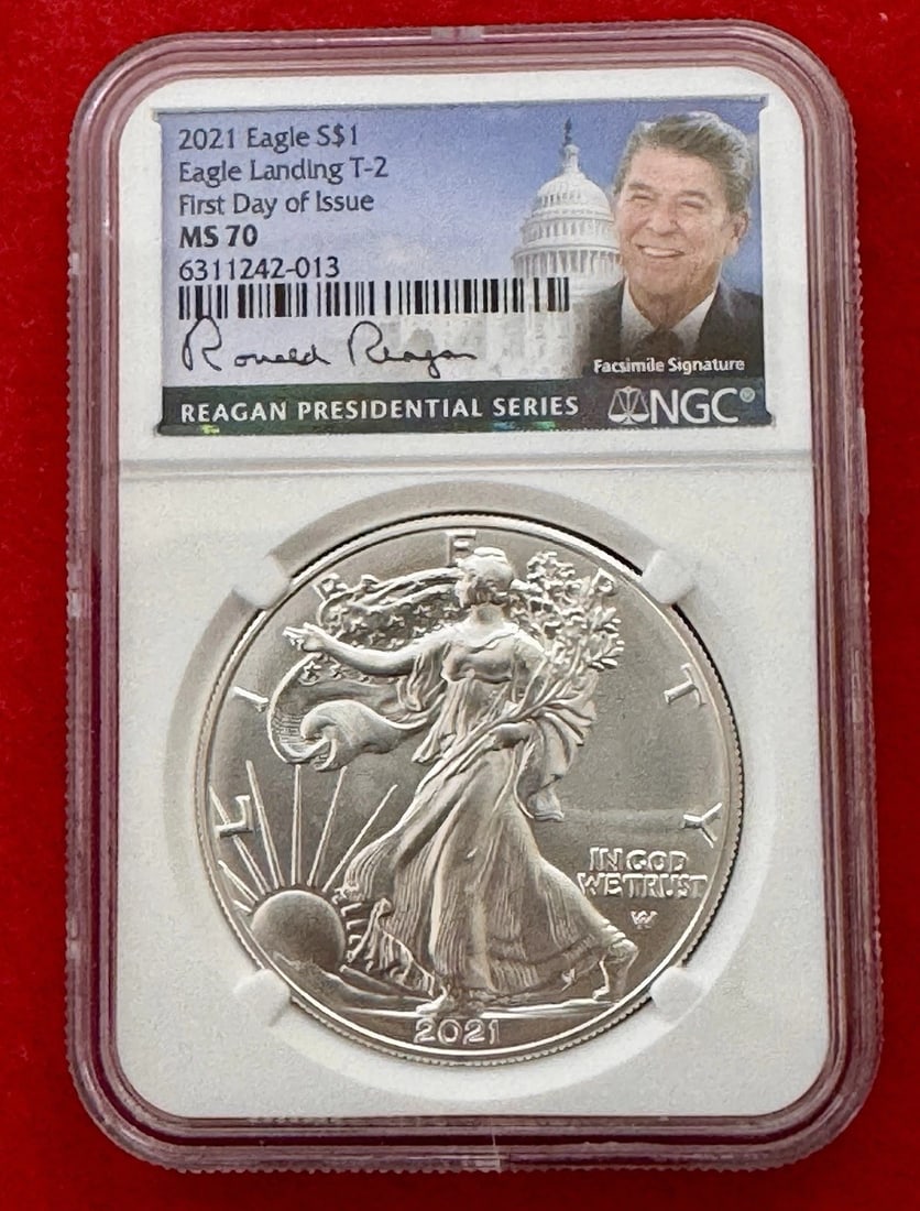 2021 Type-2 American Silver Eagle NGC Graded MS70 Ronald Reagan Label!: Composition: Silver,Strike Type: Business,Fineness: 0.999,Grade: MS 70,Precious Metal Content per Unit: 1 oz,Brand/Mint: U.S. Mint,Certification: NGC,Brand: Ronald Reagan,Coin: American Eagle,Year: 20
