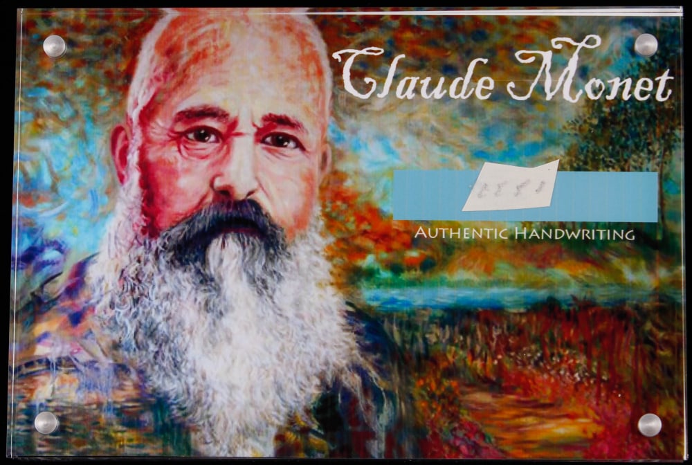 Claude Monet Authentic Hand-Written Word Cut in Acrylic Display Case (JSA LOA): Cut includes one word hand-written by Claude Monet (D. 1926). Comes encased in acrylic display as shown. The lot / autograph(s) includes an official James Spence Authentication (JSA) hologram and matc