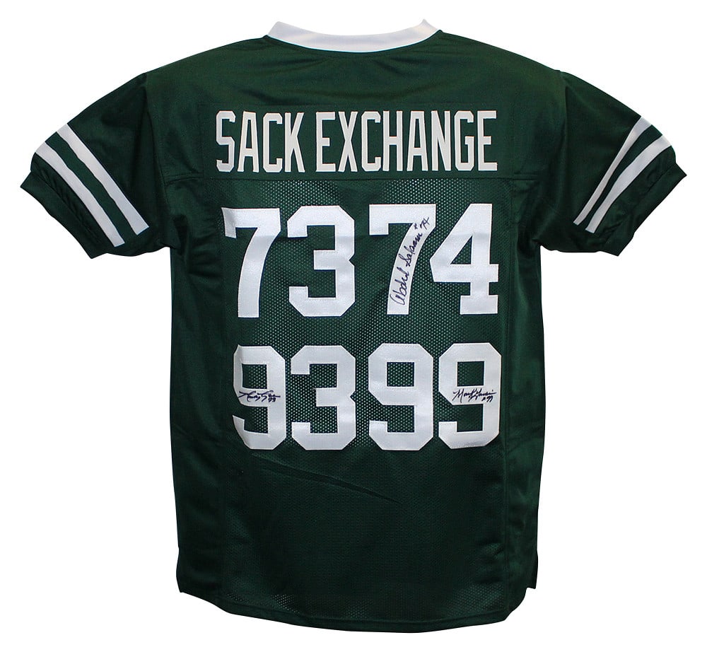 Sack Exchange Autographed/Signed New York Jets Green XL Jersey 3 Sigs: This is a custom size XL green jersey with sewn on name and numbers that was personally autographed by 3 members of the New York Jets Sack Exchange including: Mark Gastineau, Marty Lyons and Abdul Sal
