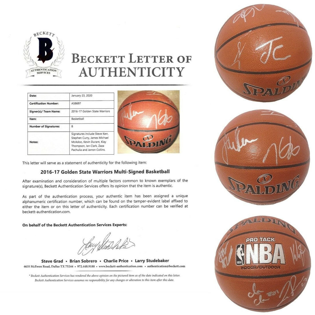 2017 Golden State Warriors Curry Durant Team Signed Basketball Proof Beckett LOA: USPS PRIORITY Shipping Autographed in Silver Paint Pen Condition: Collectible-Like New Brand / Model: Spalding NBA Official Basketball Size: Full Size / Adult The following Warriors have signed