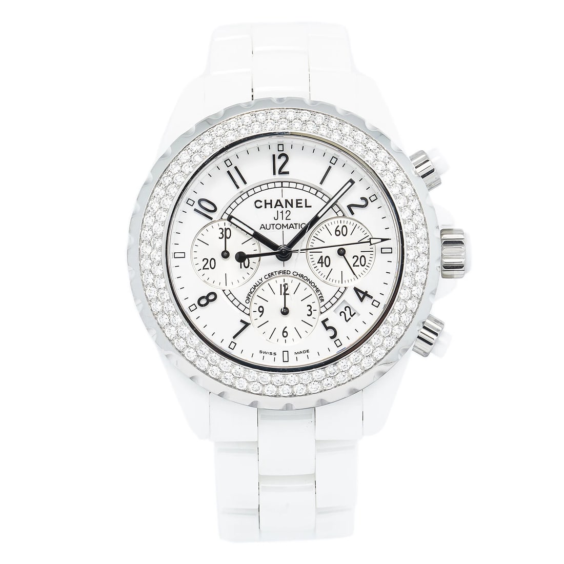 Chanel J12 H1008 Automatic Ceramic White Dial Diamond Bezel Ladies Watch 41mm: Condition: Pre-owned - Good: This item has been gently used but is in good condition. It might have a few signs of wear, like light scratches or tarnishing. All imperfections should be shown and descr