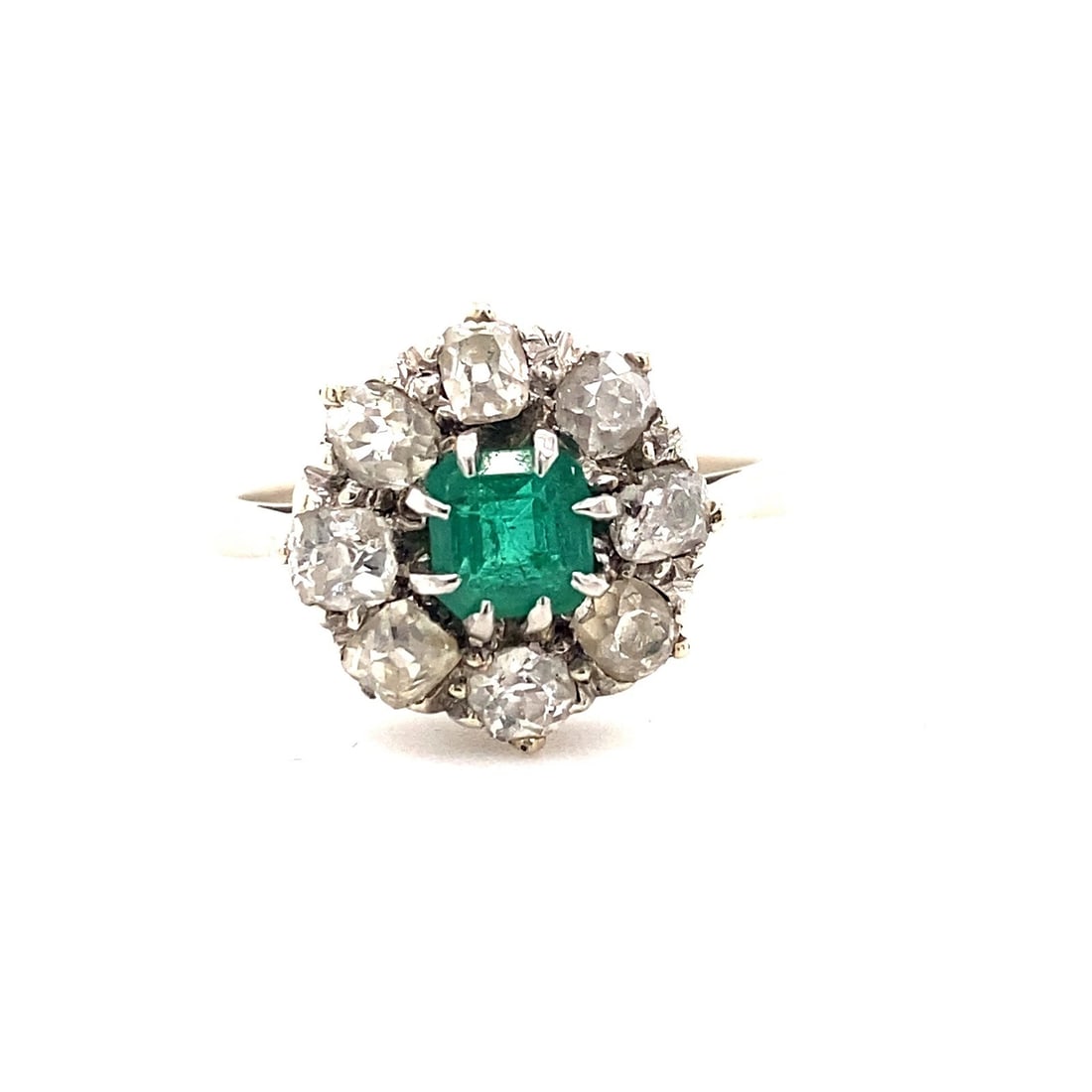 Antique Edwardian Square Emerald & Diamond Ring in 14kt White Gold: Condition: Pre-owned - Good,Number of Diamonds: 8,Main Stone Creation: Natural,Color: Green,Main Stone Color: Green,Metal: White Gold,Secondary Stone: Diamond,Main Stone: Emerald,Ring Size: 5.75,Setti